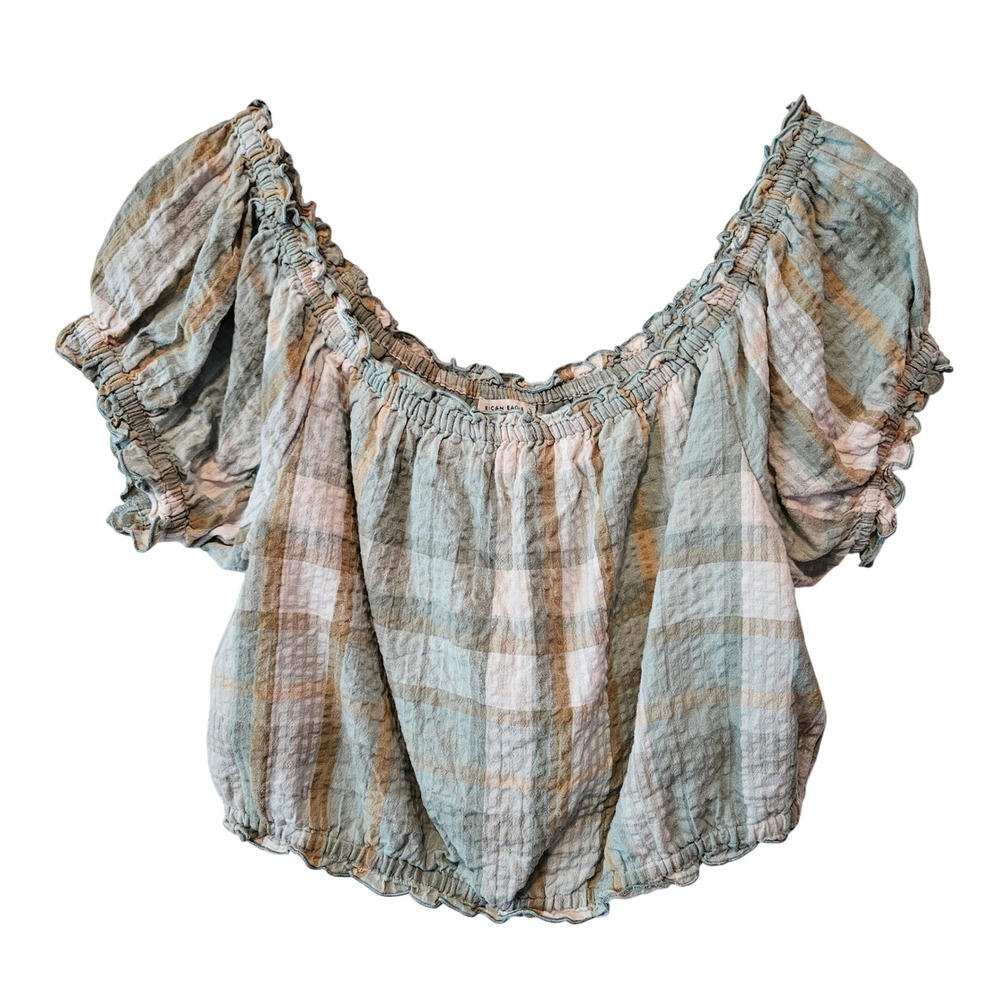 American Eagle Plaid Off Shoulder Crop Top Green Cotton Linen Puff Sleeve Large